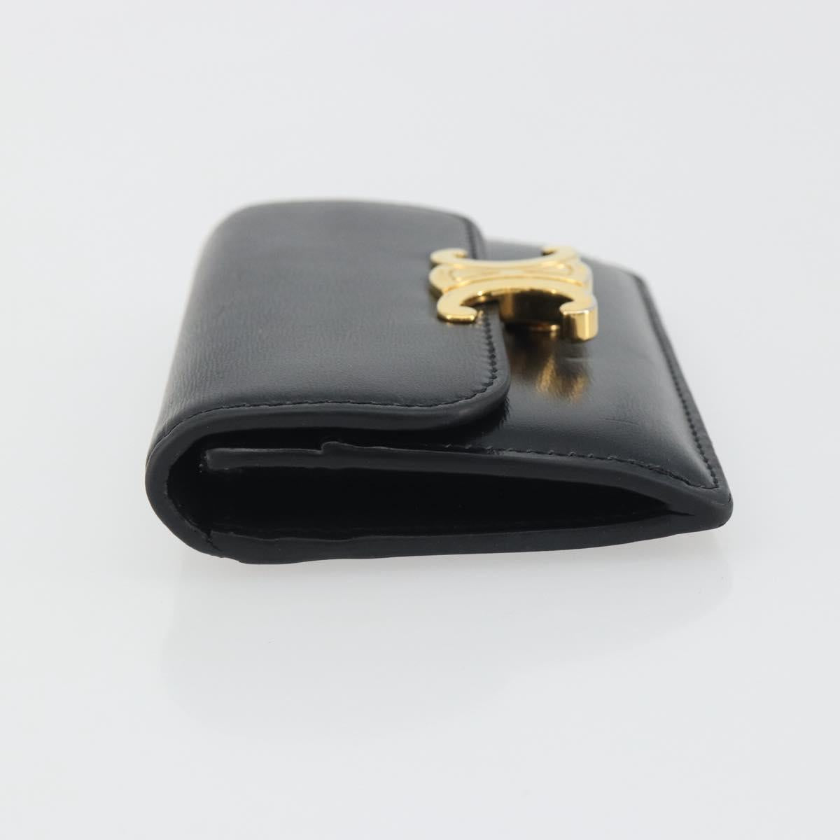 CELINE Triomphe Card Case Leather Black Gold Auth mr2753A