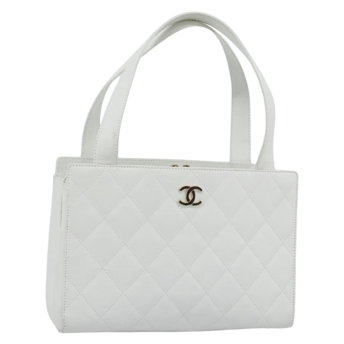 CHANEL Hand Bag Lamb Skin White Gold CC Auth mr2763V