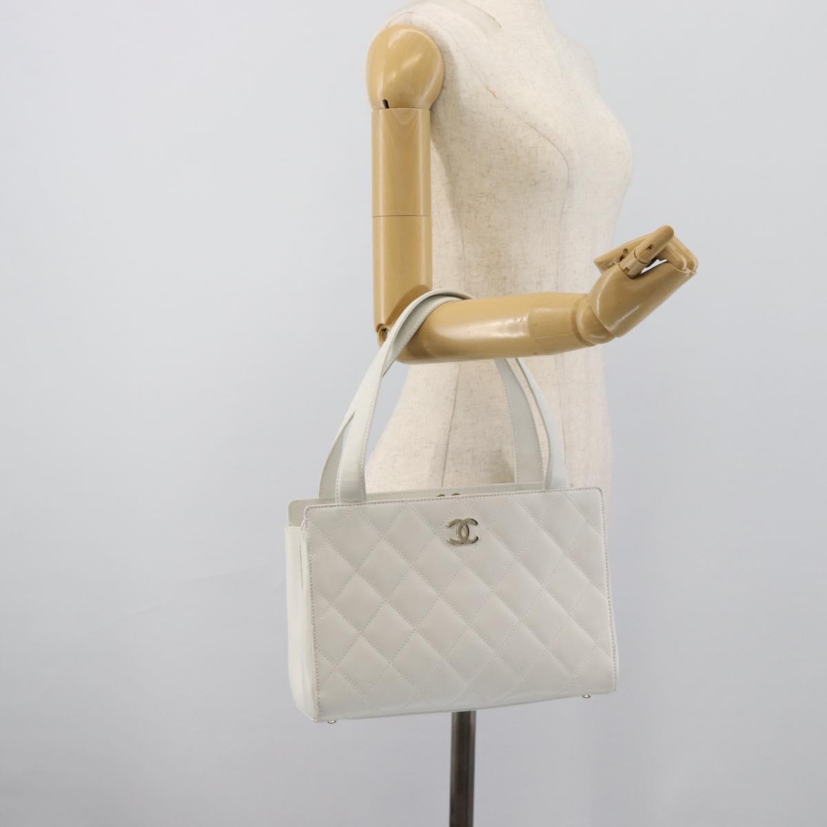 CHANEL Hand Bag Lamb Skin White Gold CC Auth mr2763V