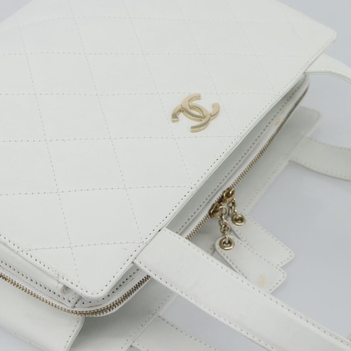 CHANEL Hand Bag Lamb Skin White Gold CC Auth mr2763V