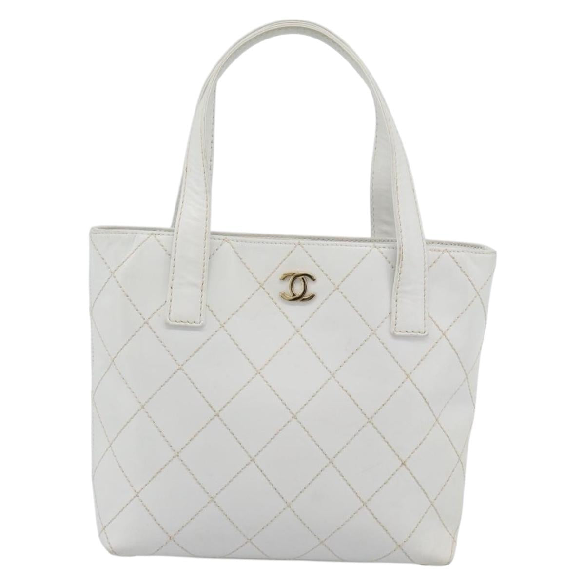CHANEL Wild Stitch Hand Bag Leather White Gold CC Auth mr2765V