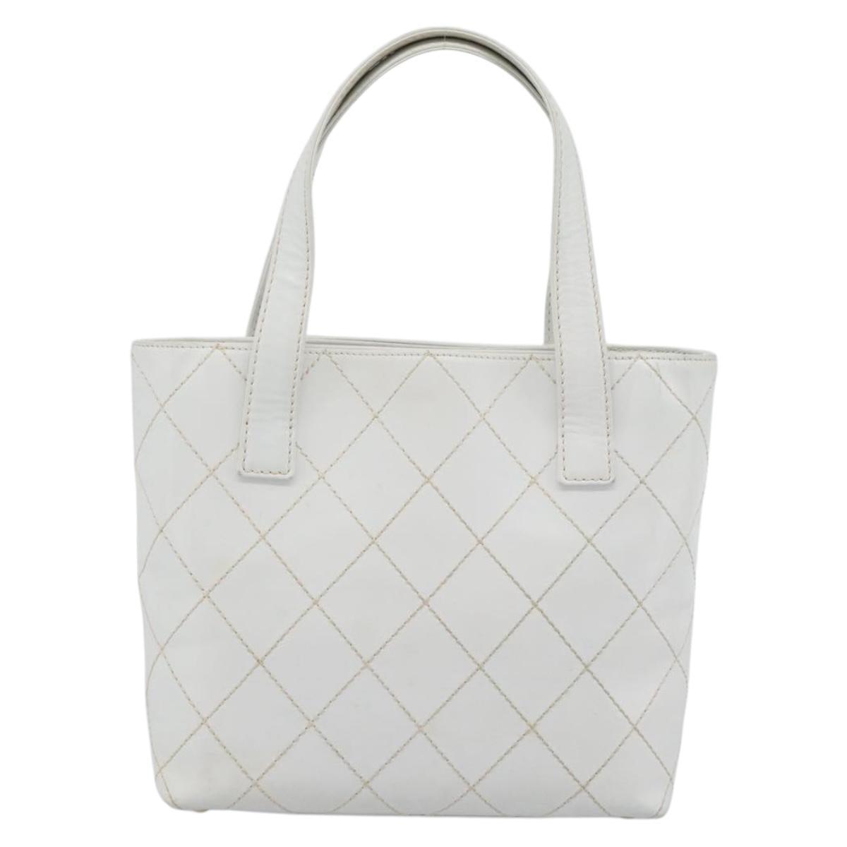 CHANEL Wild Stitch Hand Bag Leather White Gold CC Auth mr2765V