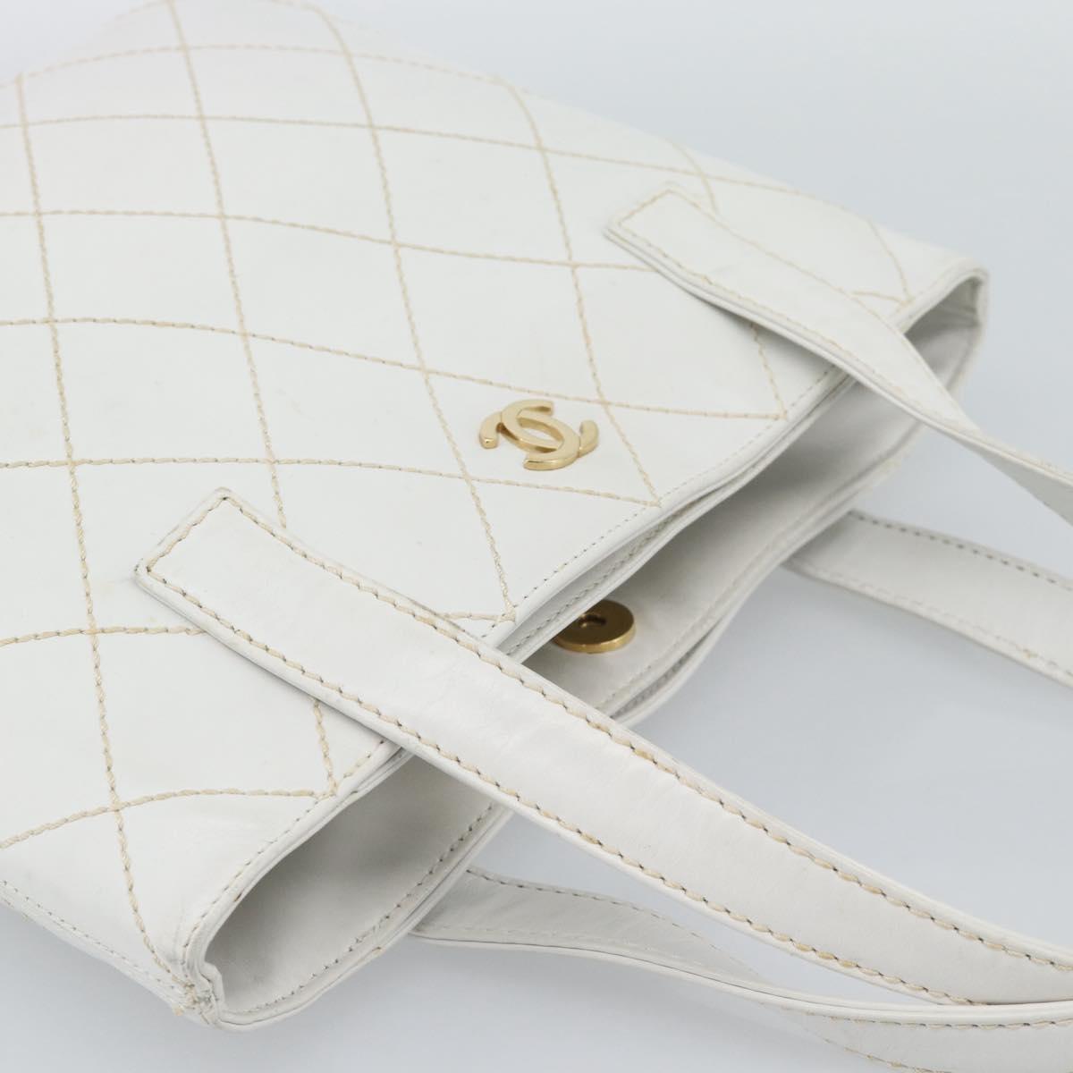CHANEL Wild Stitch Hand Bag Leather White Gold CC Auth mr2765V