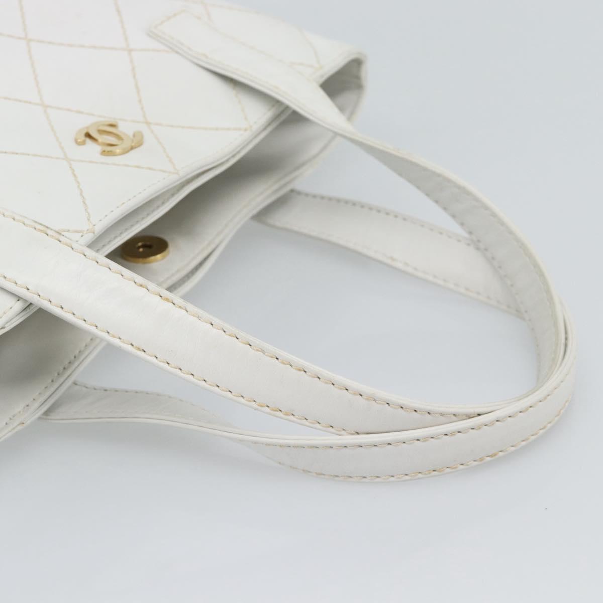 CHANEL Wild Stitch Hand Bag Leather White Gold CC Auth mr2765V