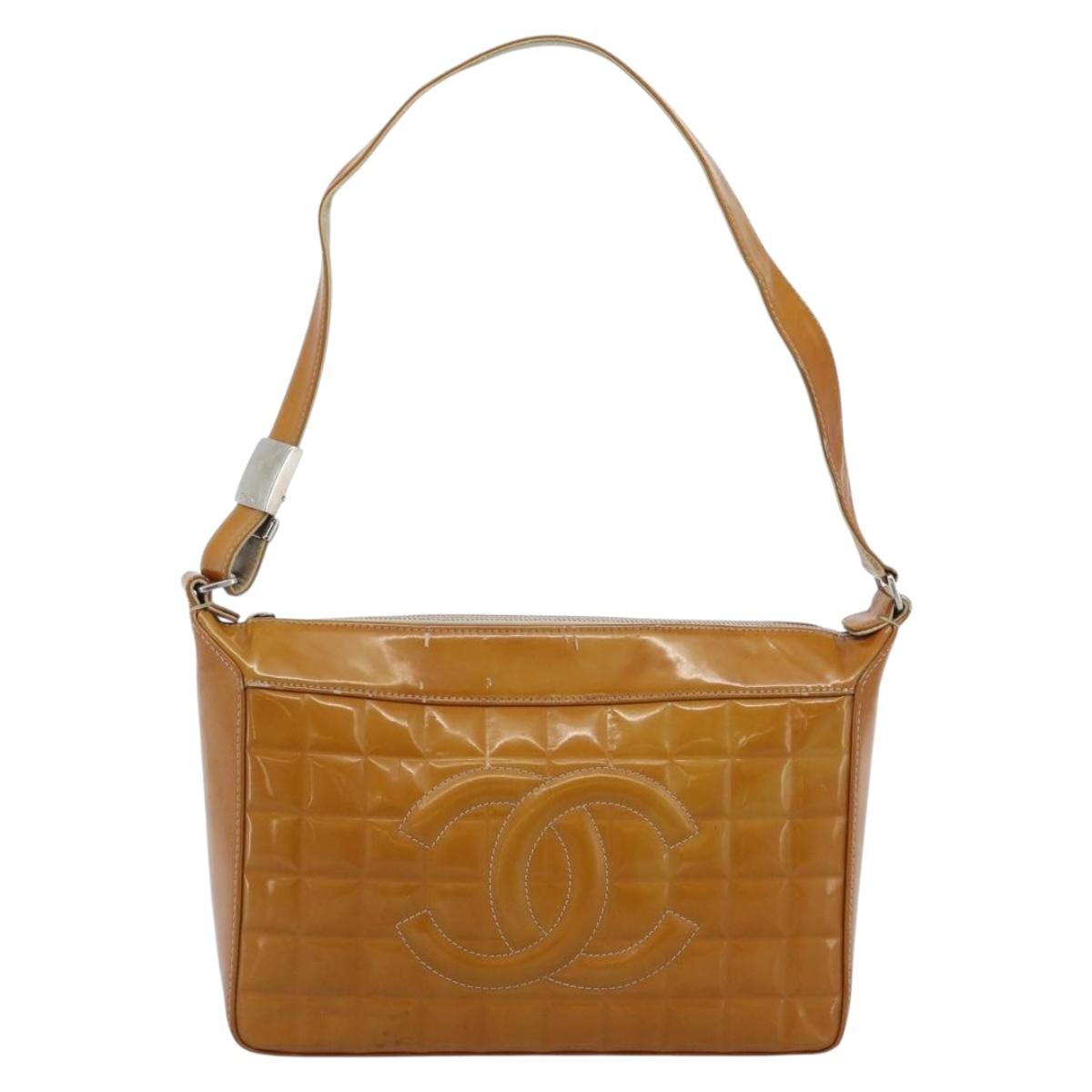 CHANEL Choco Bar Line Shoulder Bag Patent Leather Brown Silver CC Auth mr2768