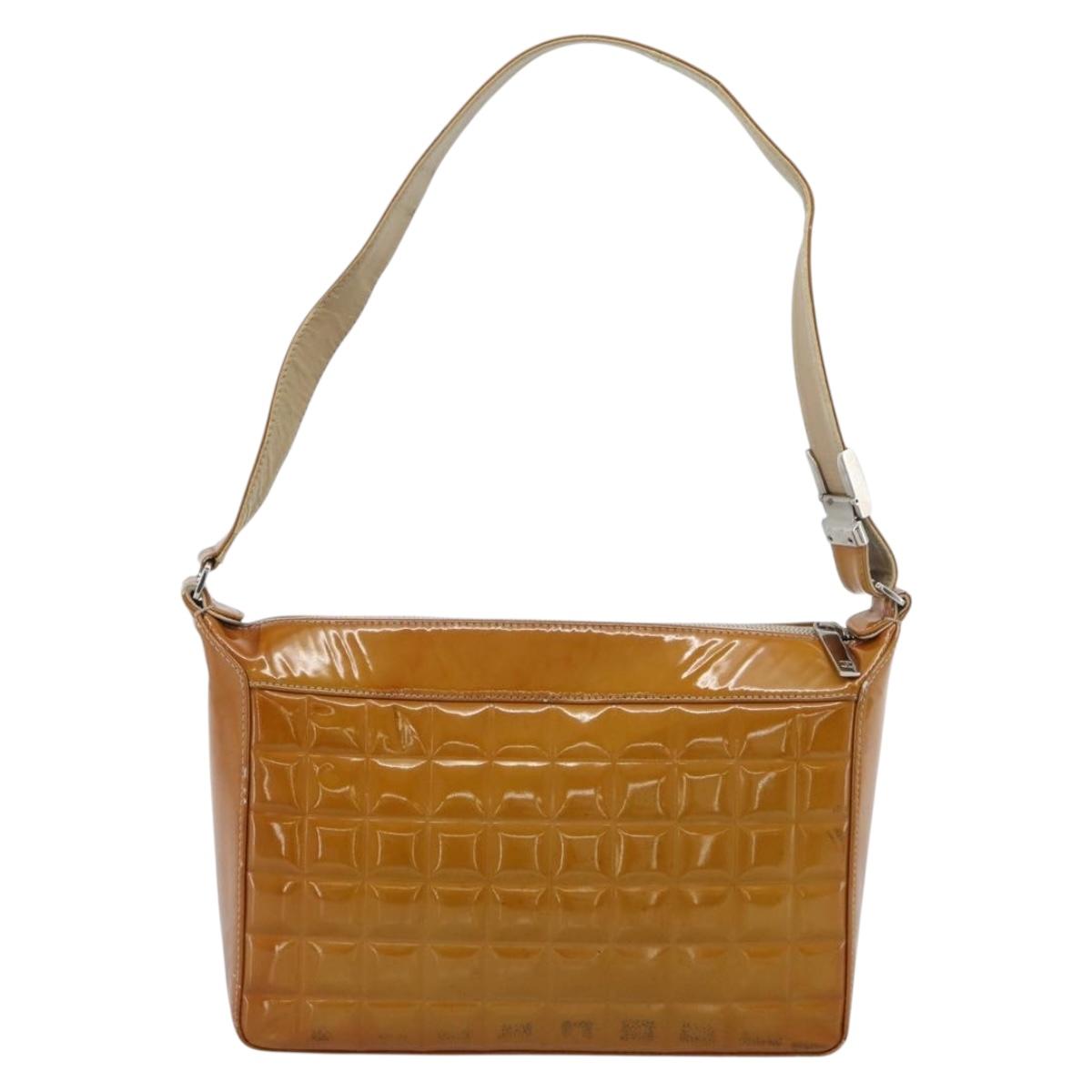 CHANEL Choco Bar Line Shoulder Bag Patent Leather Brown Silver CC Auth mr2768