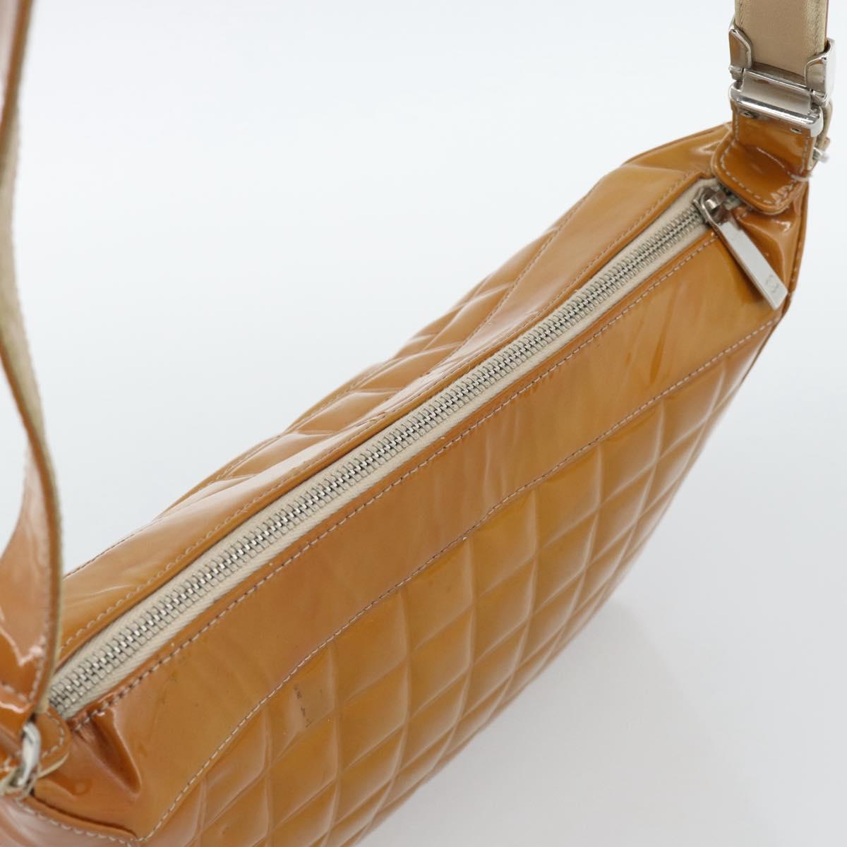 CHANEL Choco Bar Line Shoulder Bag Patent Leather Brown Silver CC Auth mr2768