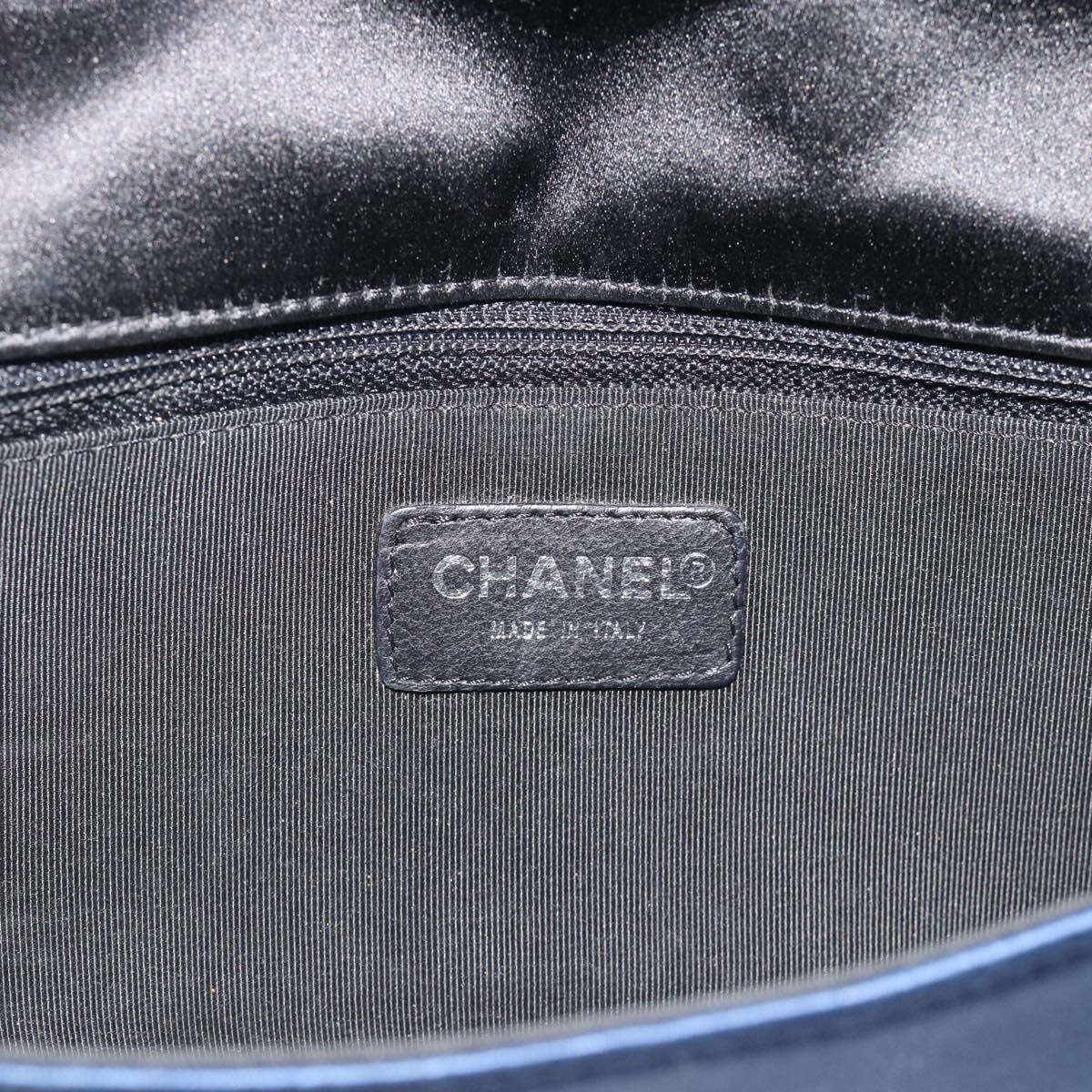CHANEL Choco Bar Line Chain Shoulder Bag Satin Navy Silver CC Auth mr2769