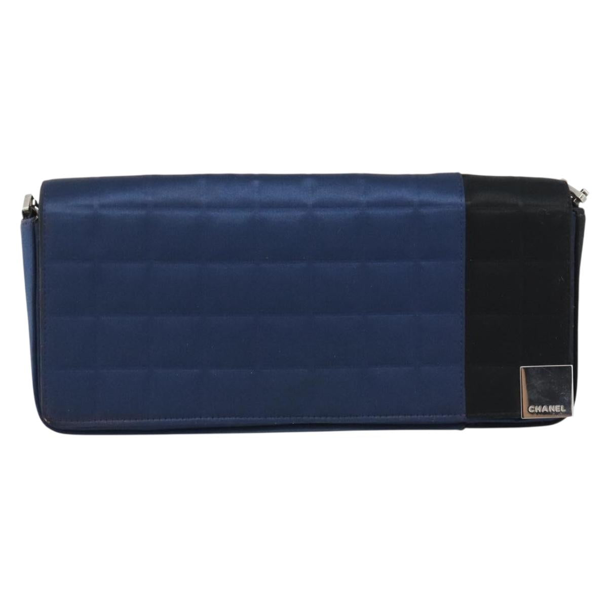 CHANEL Choco Bar Line Chain Shoulder Bag Satin Navy Silver CC Auth mr2769