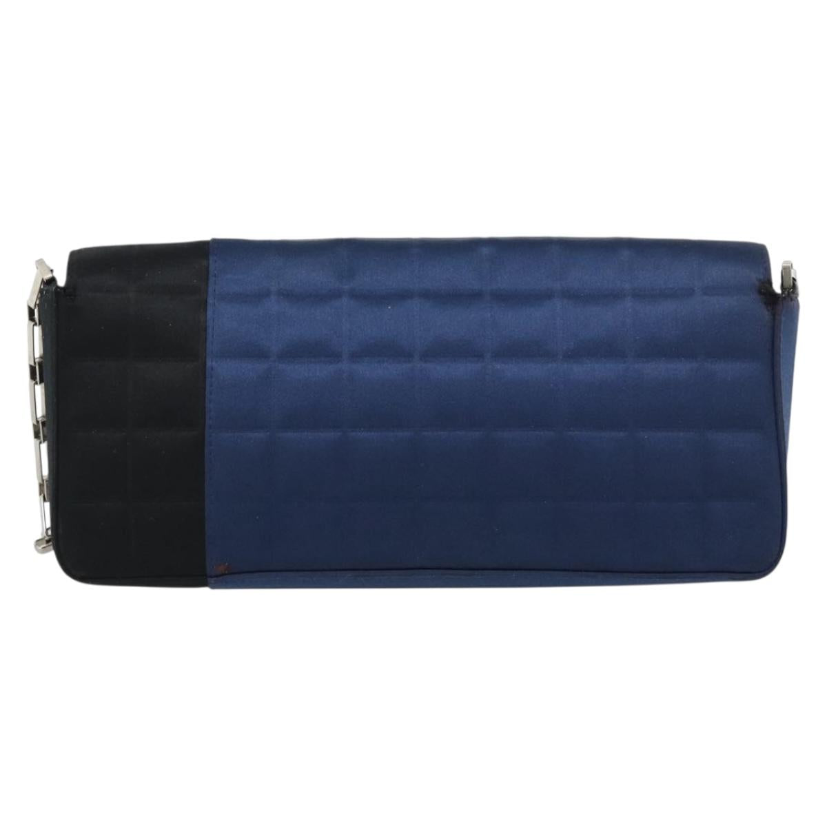 CHANEL Choco Bar Line Chain Shoulder Bag Satin Navy Silver CC Auth mr2769