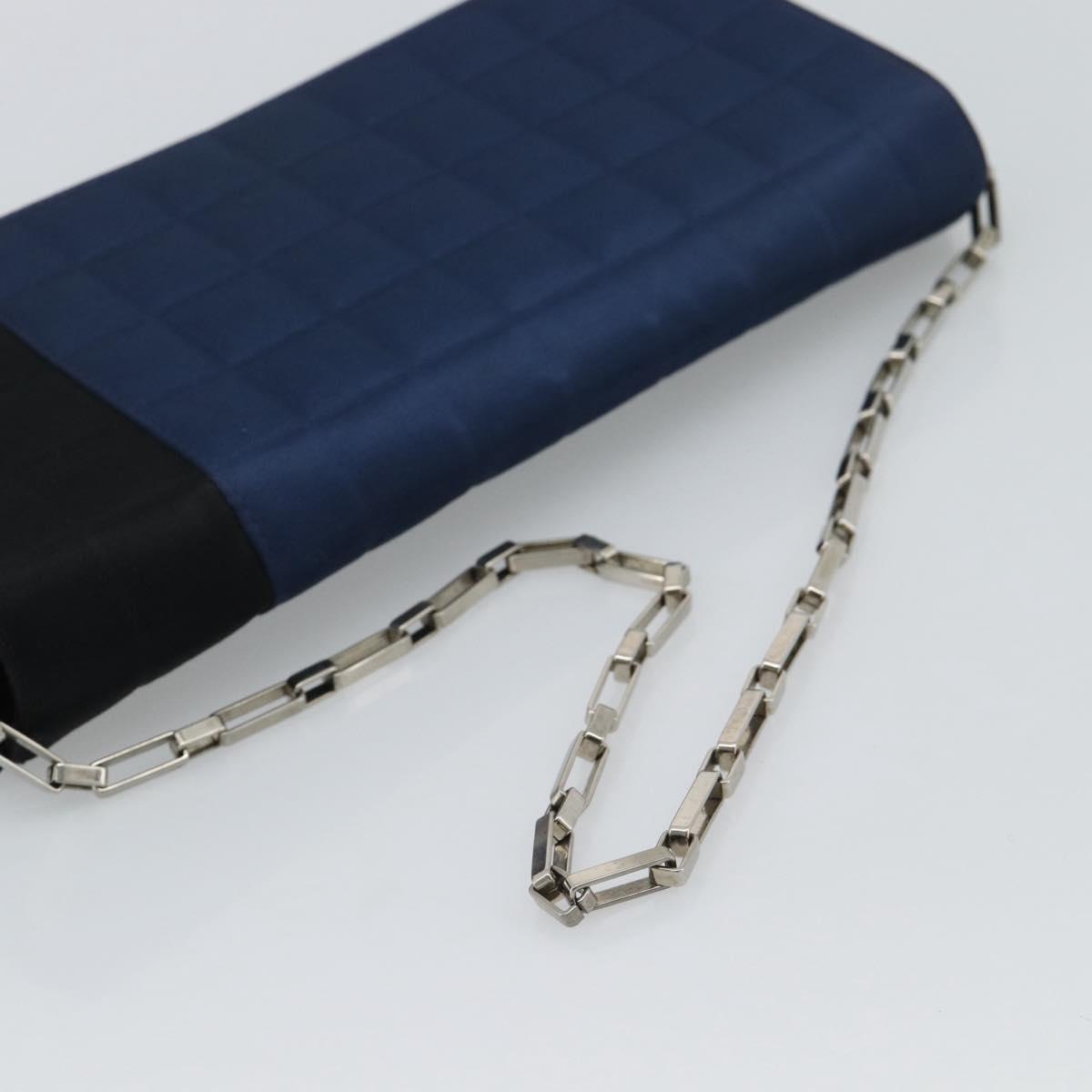 CHANEL Choco Bar Line Chain Shoulder Bag Satin Navy Silver CC Auth mr2769