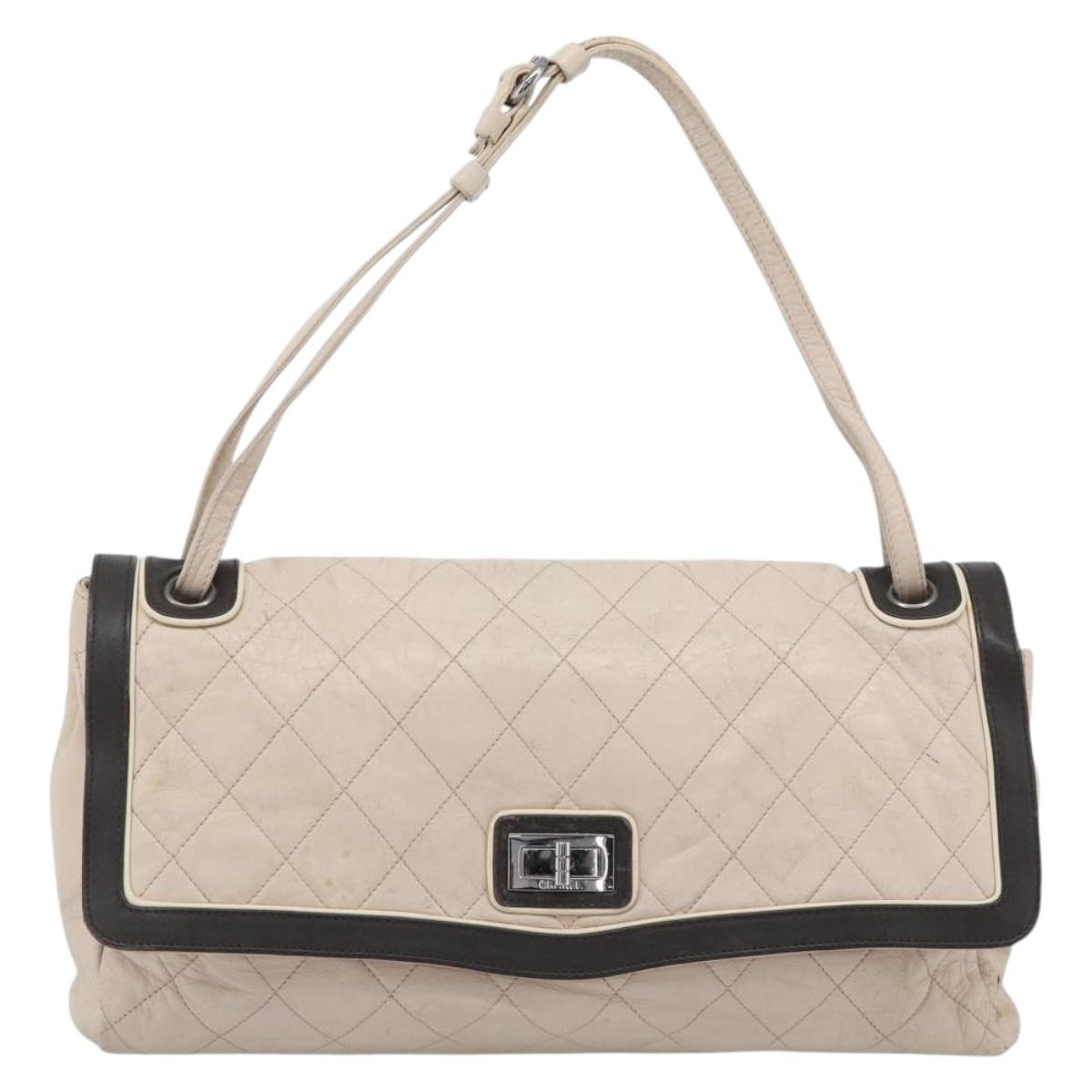 CHANEL Matelasse 2.55 Shoulder Bag Leather Beige Pink Silver CC Auth mr2770