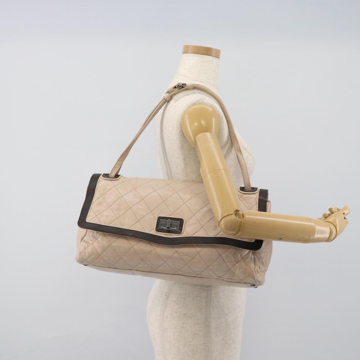 CHANEL Matelasse 2.55 Shoulder Bag Leather Beige Pink Silver CC Auth mr2770