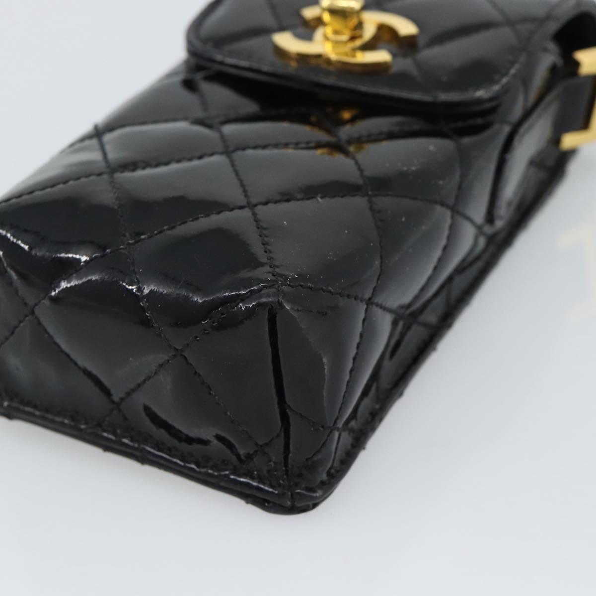CHANEL Matelasse Chain Phone Case Patent Leather Black Gold CC Auth mr2771V