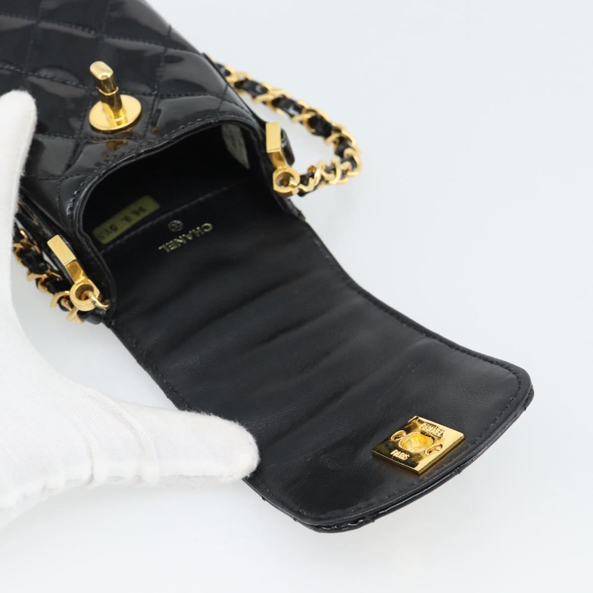 CHANEL Matelasse Chain Phone Case Patent Leather Black Gold CC Auth mr2771V