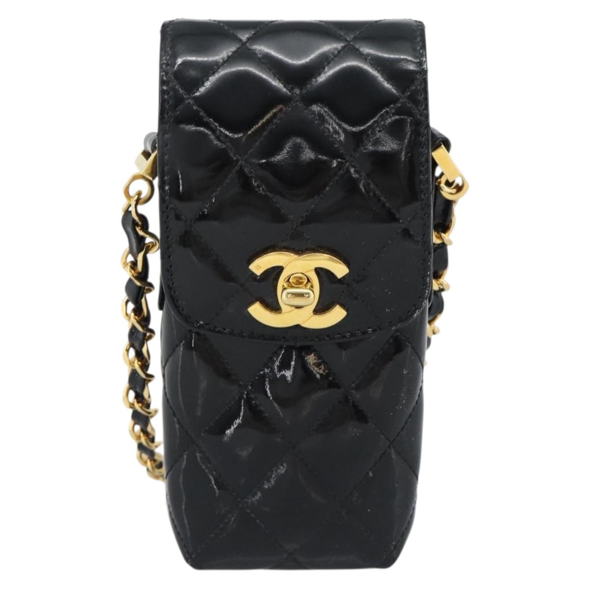 CHANEL Matelasse Chain Phone Case Patent Leather Black Gold CC Auth mr2771V