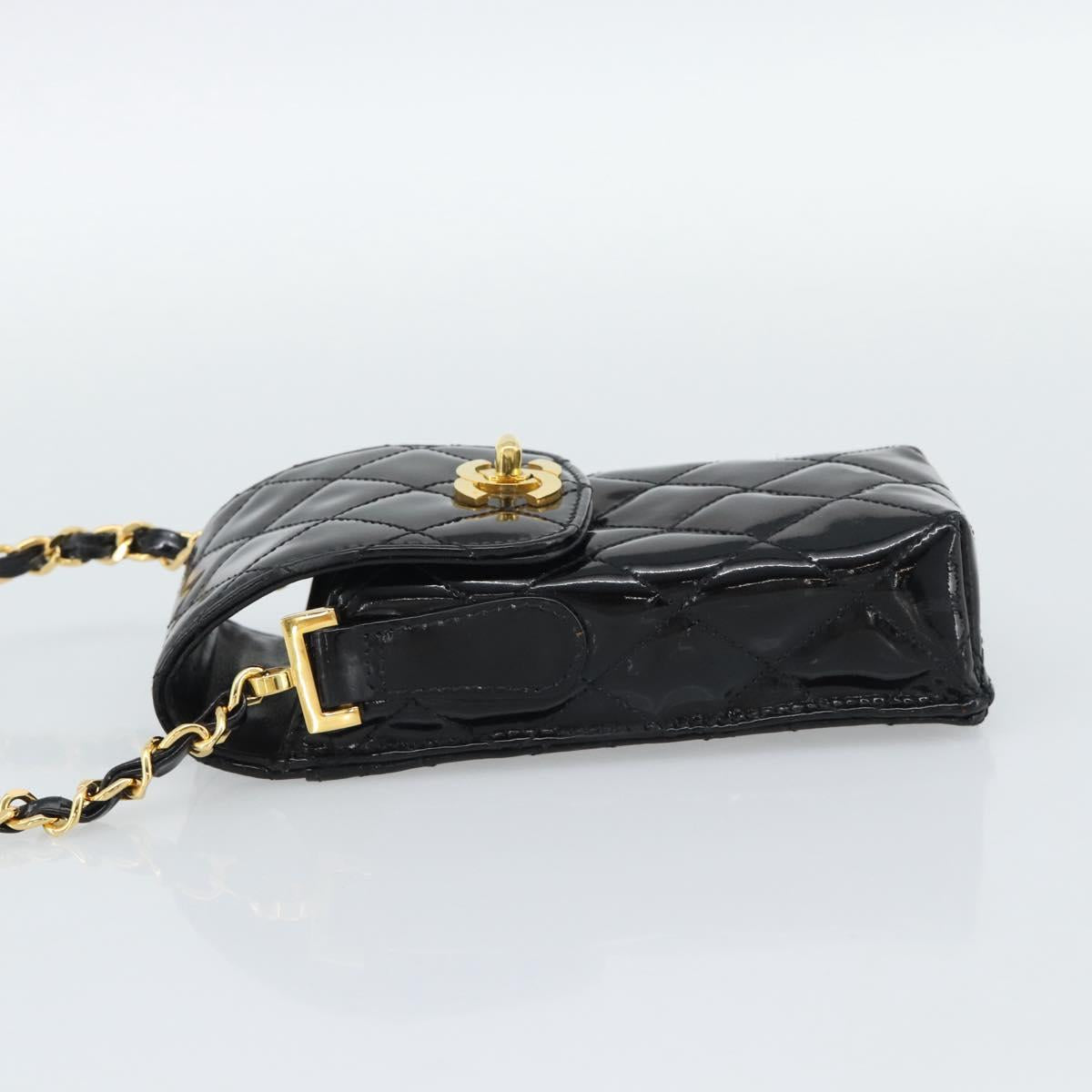 CHANEL Matelasse Chain Phone Case Patent Leather Black Gold CC Auth mr2771V