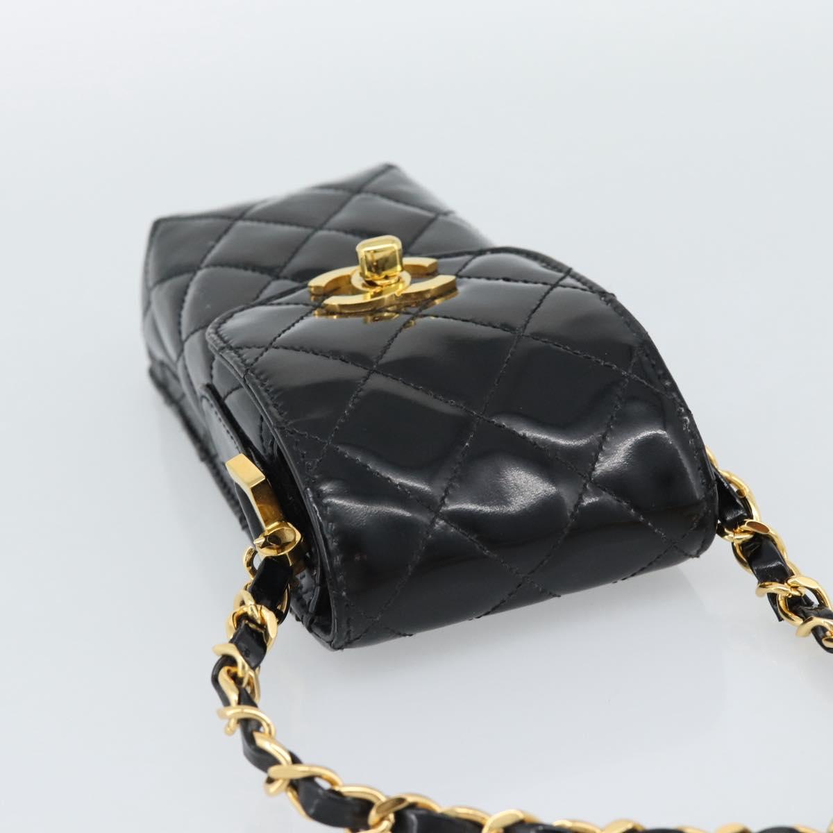 CHANEL Matelasse Chain Phone Case Patent Leather Black Gold CC Auth mr2771V