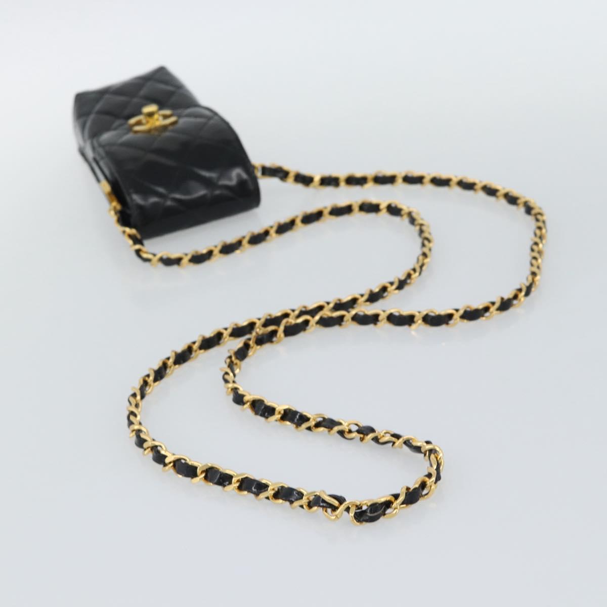 CHANEL Matelasse Chain Phone Case Patent Leather Black Gold CC Auth mr2771V