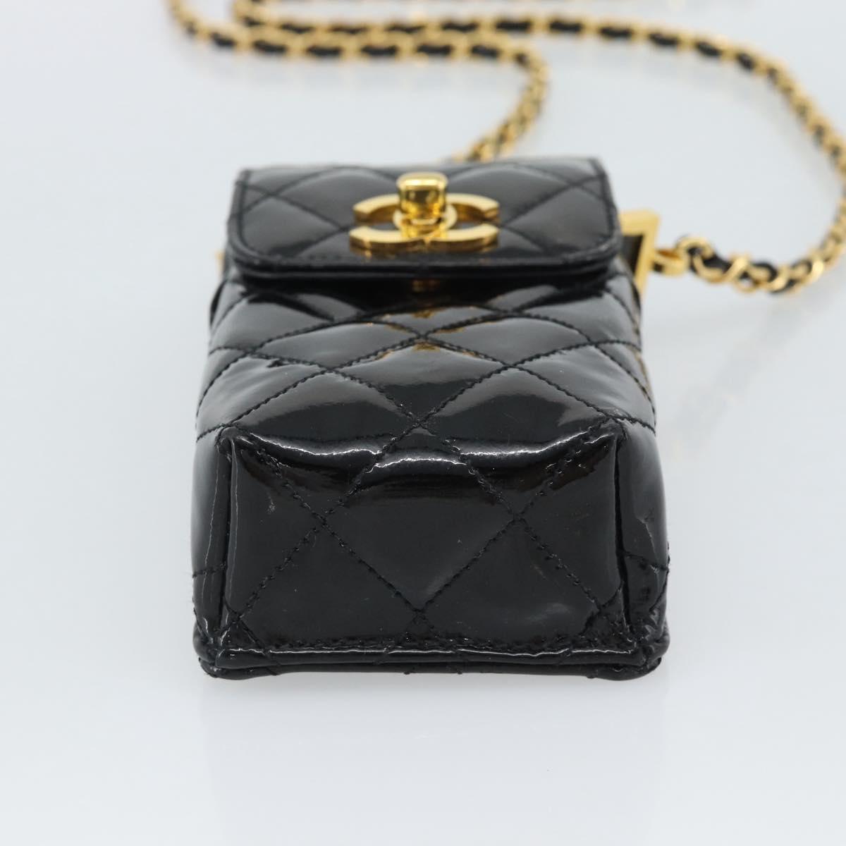 CHANEL Matelasse Chain Phone Case Patent Leather Black Gold CC Auth mr2771V