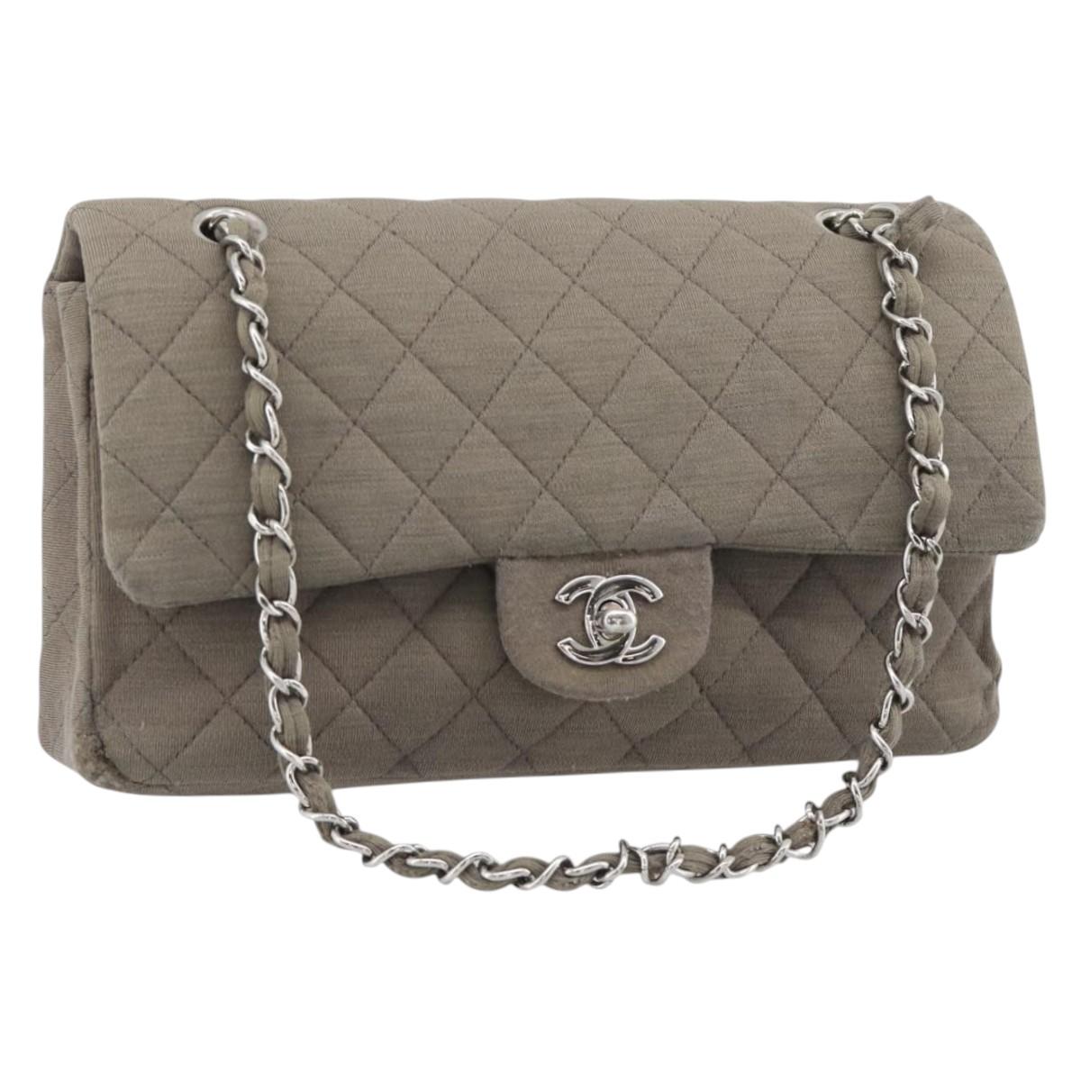 CHANEL Matelasse Chain Shoulder Bag Cotton Gray Silver CC Auth mr2778