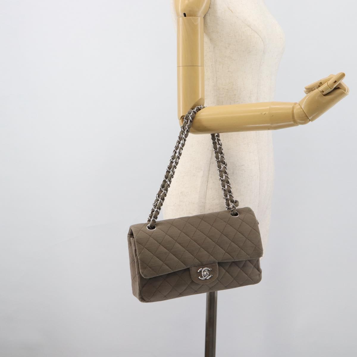 CHANEL Matelasse Chain Shoulder Bag Cotton Gray Silver CC Auth mr2778
