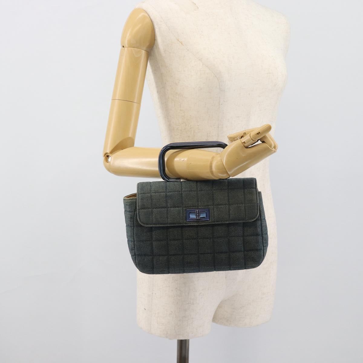 CHANEL 2.55 Choco Bar Line Hand Bag Canvas Blue CC Auth mr2780V