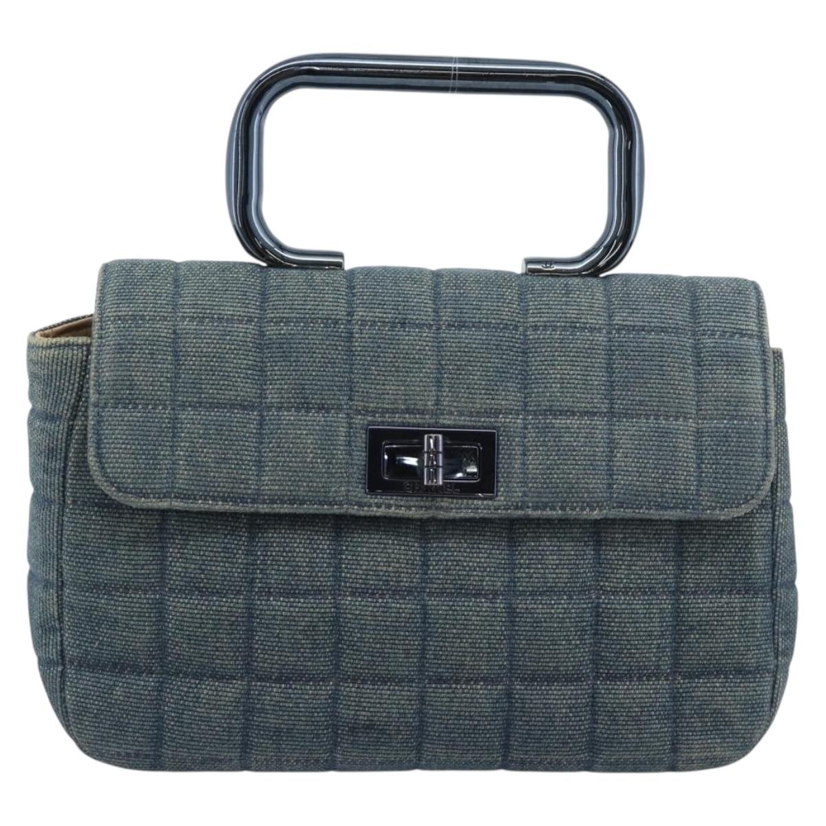 CHANEL 2.55 Choco Bar Line Hand Bag Canvas Blue CC Auth mr2780V
