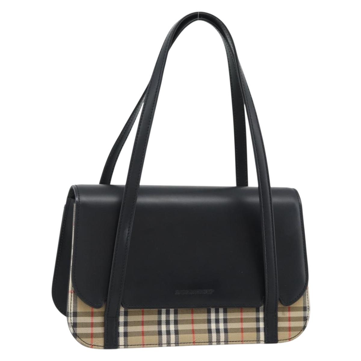 BURBERRY Nova Check Hand Bag Canvas Leather Black Silver Auth mr2783