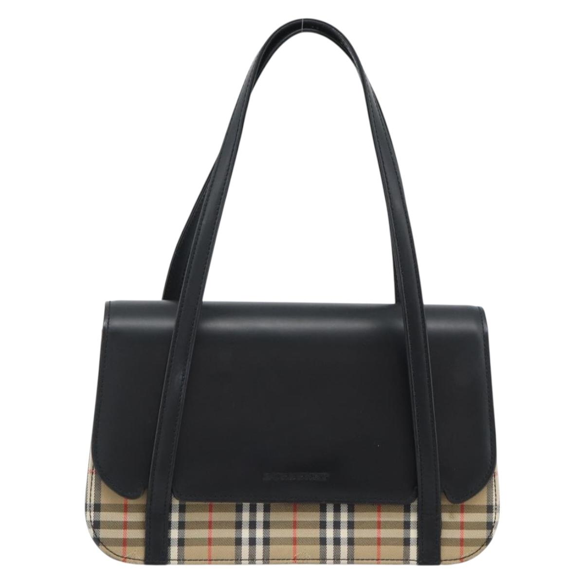 BURBERRY Nova Check Hand Bag Canvas Leather Black Silver Auth mr2783