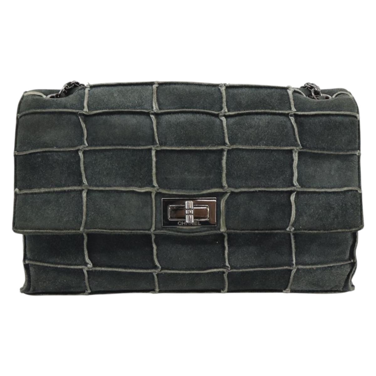 CHANEL Choco Bar Line Chain Shoulder Bag Suede Gray Silver CC Auth mr2791A