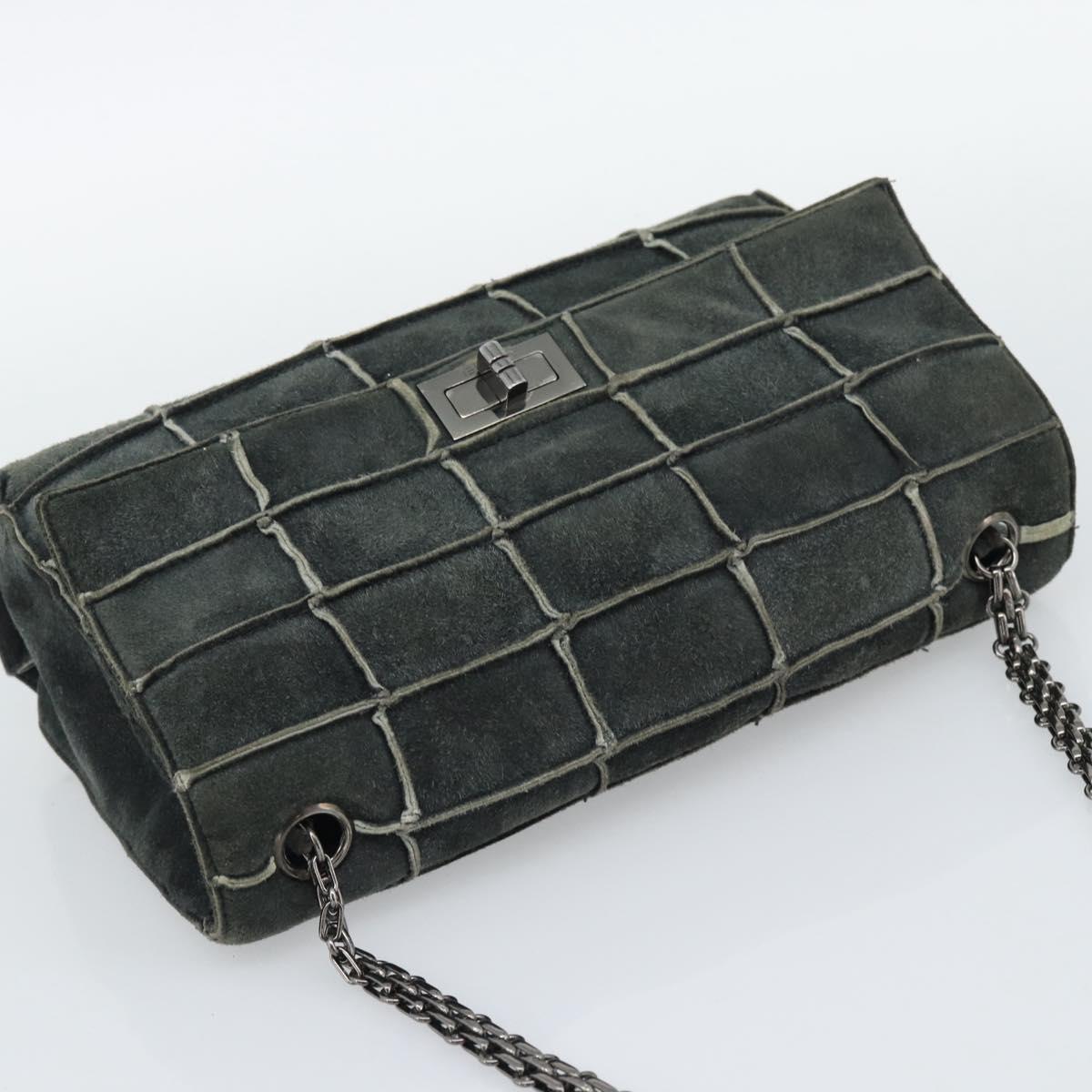 CHANEL Choco Bar Line Chain Shoulder Bag Suede Gray Silver CC Auth mr2791A