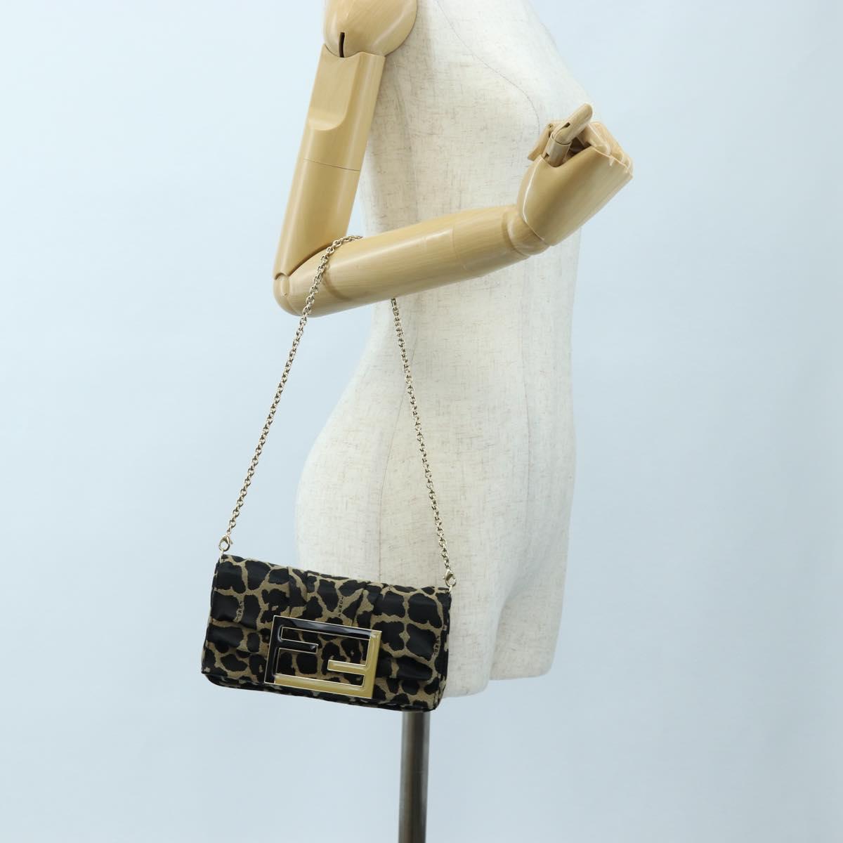 FENDI Mia Chain Shoulder Bag Nylon Black Gold Auth mr2793V