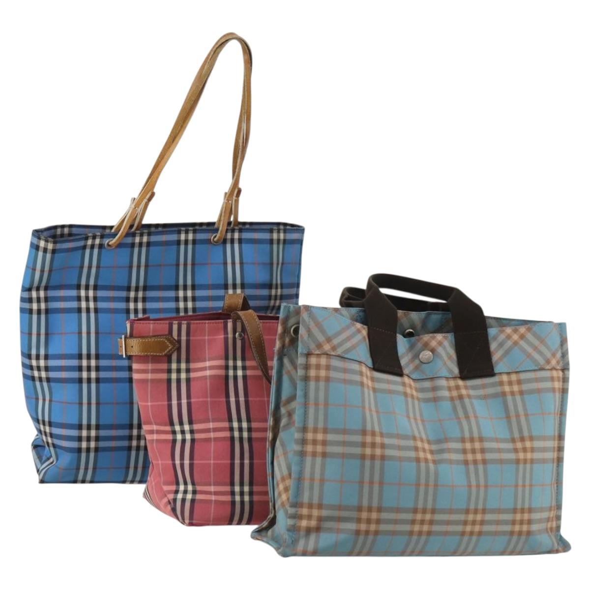 BURBERRY Nova Check Blue Label Hand Bag Canvas 3 Set Blue Pink Auth mr2801