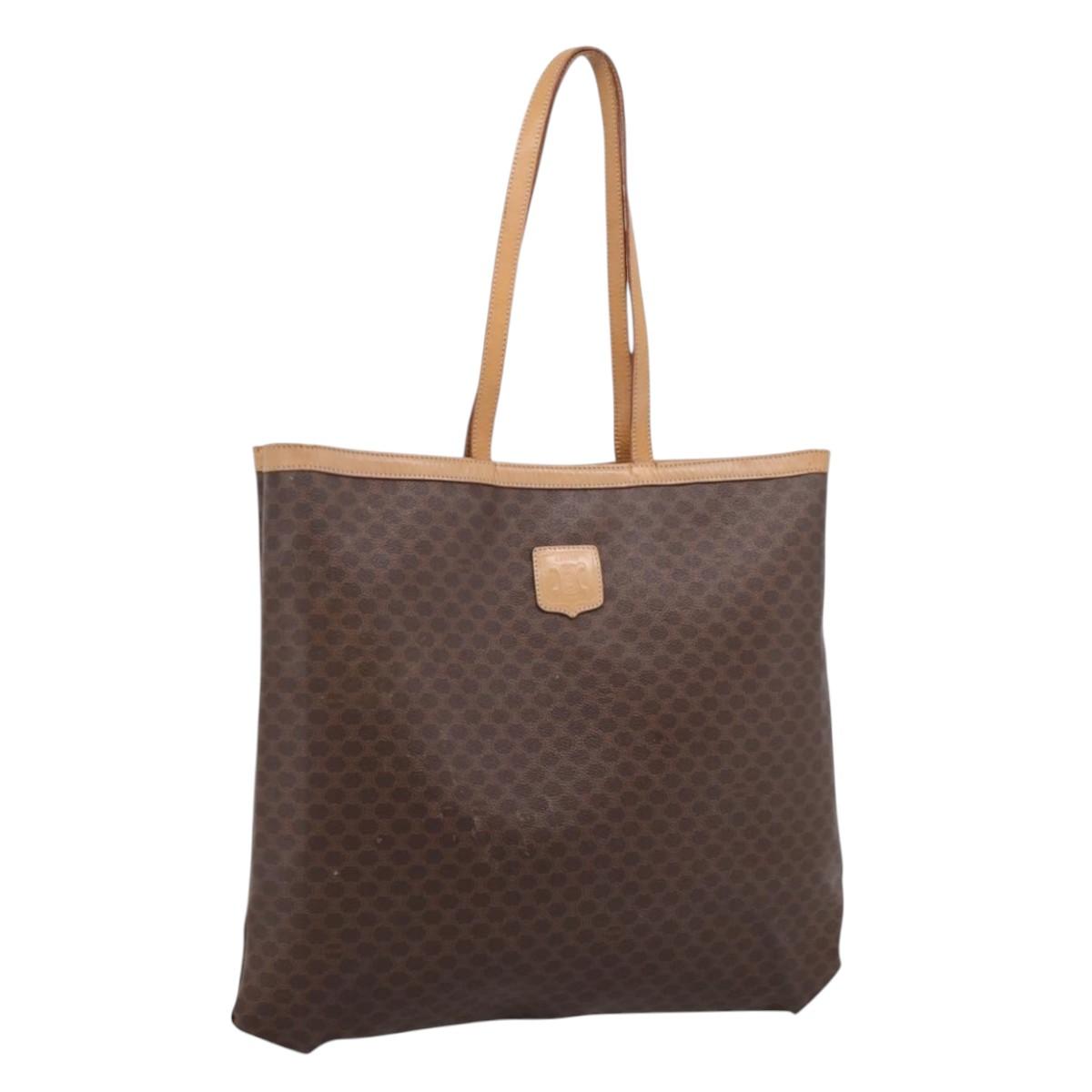 CELINE Macadam Canvas Tote Bag PVC Leather Brown Gold Auth mr2820