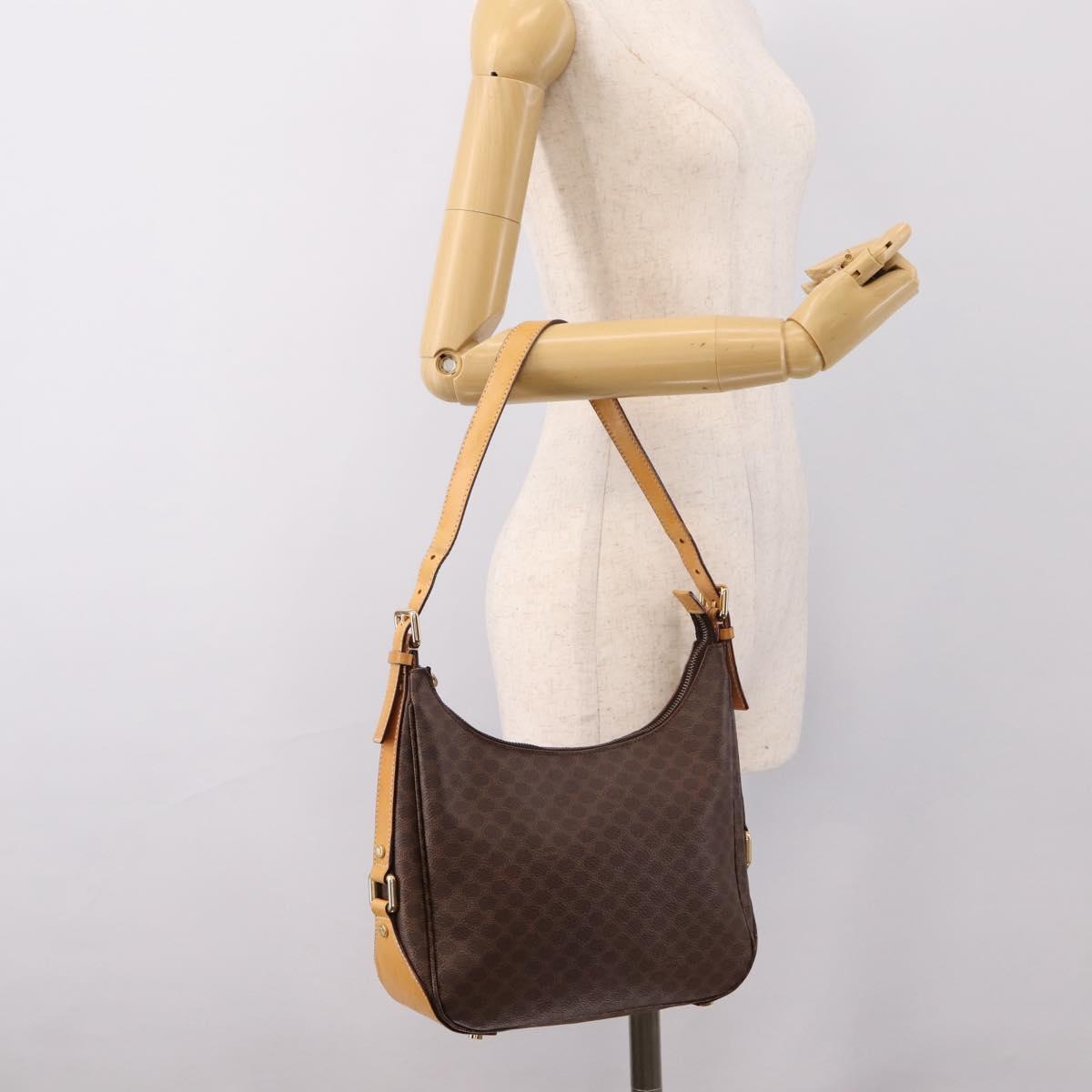 CELINE Macadam Canvas Shoulder Bag PVC Leather Brown Gold Auth mr2821