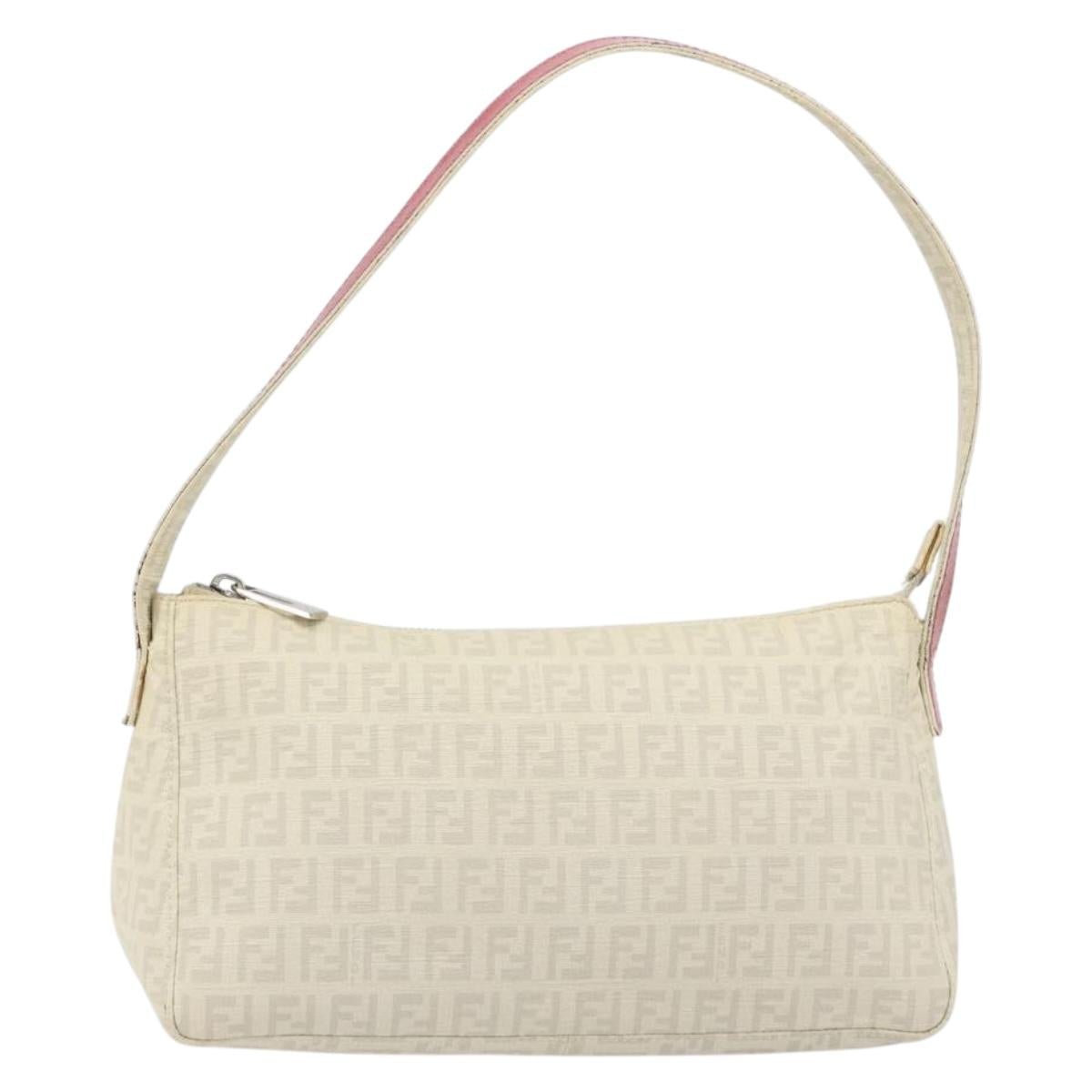 FENDI Zucchino Canvas Shoulder Bag PVC White Silver Auth mr2831