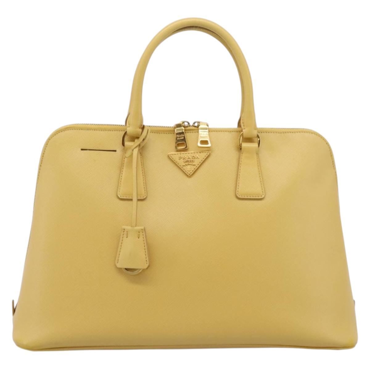 PRADA Hand Bag Safiano Leather Yellow Gold Auth mr2835V