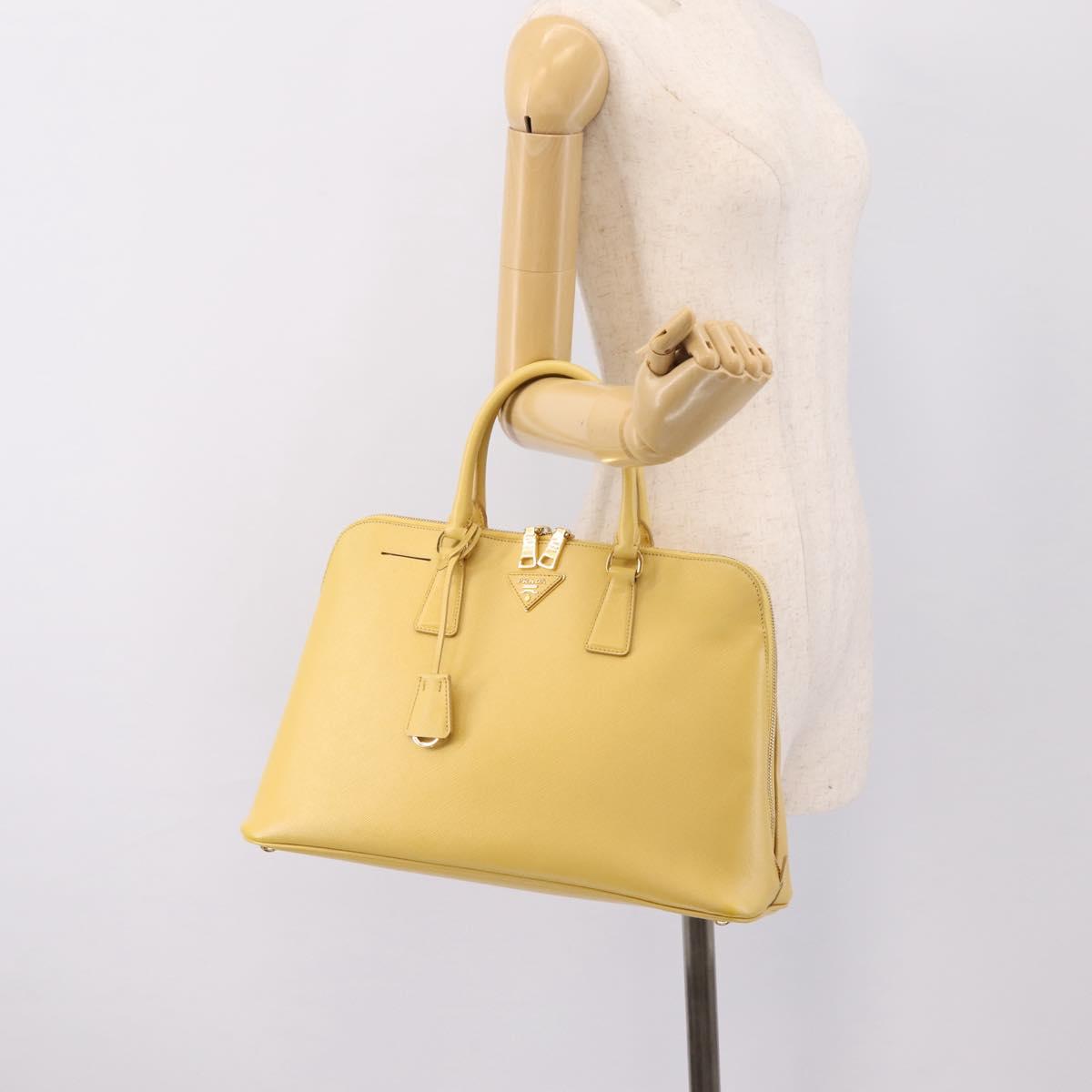 PRADA Hand Bag Safiano Leather Yellow Gold Auth mr2835V