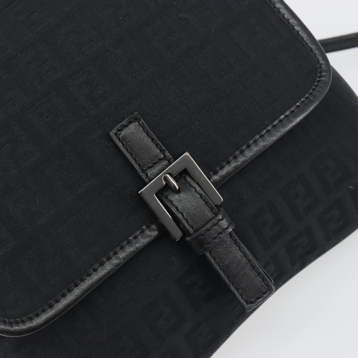 FENDI Zucchino Canvas Shoulder Bag Black Silver Auth mr2844