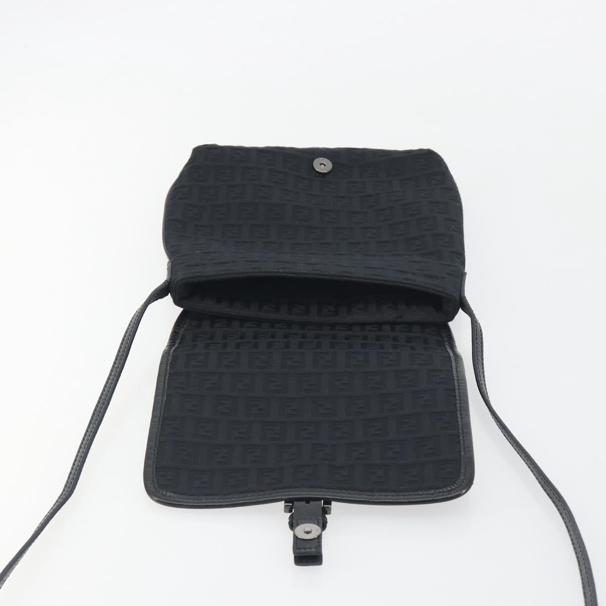 FENDI Zucchino Canvas Shoulder Bag Black Silver Auth mr2844