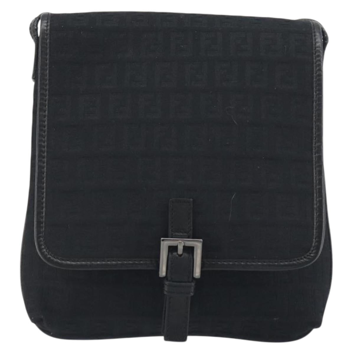 FENDI Zucchino Canvas Shoulder Bag Black Silver Auth mr2844