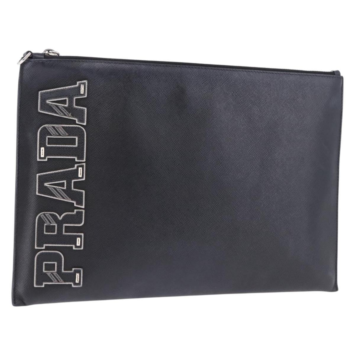 PRADA Clutch Bag Safiano Leather Black Silver Auth mr2853