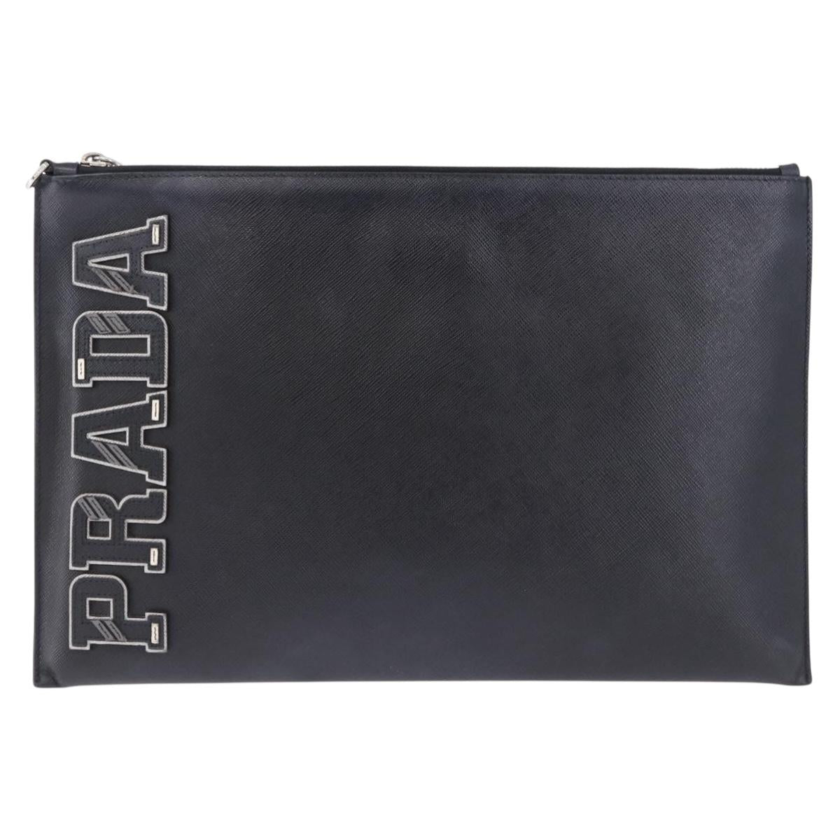 PRADA Clutch Bag Safiano Leather Black Silver Auth mr2853