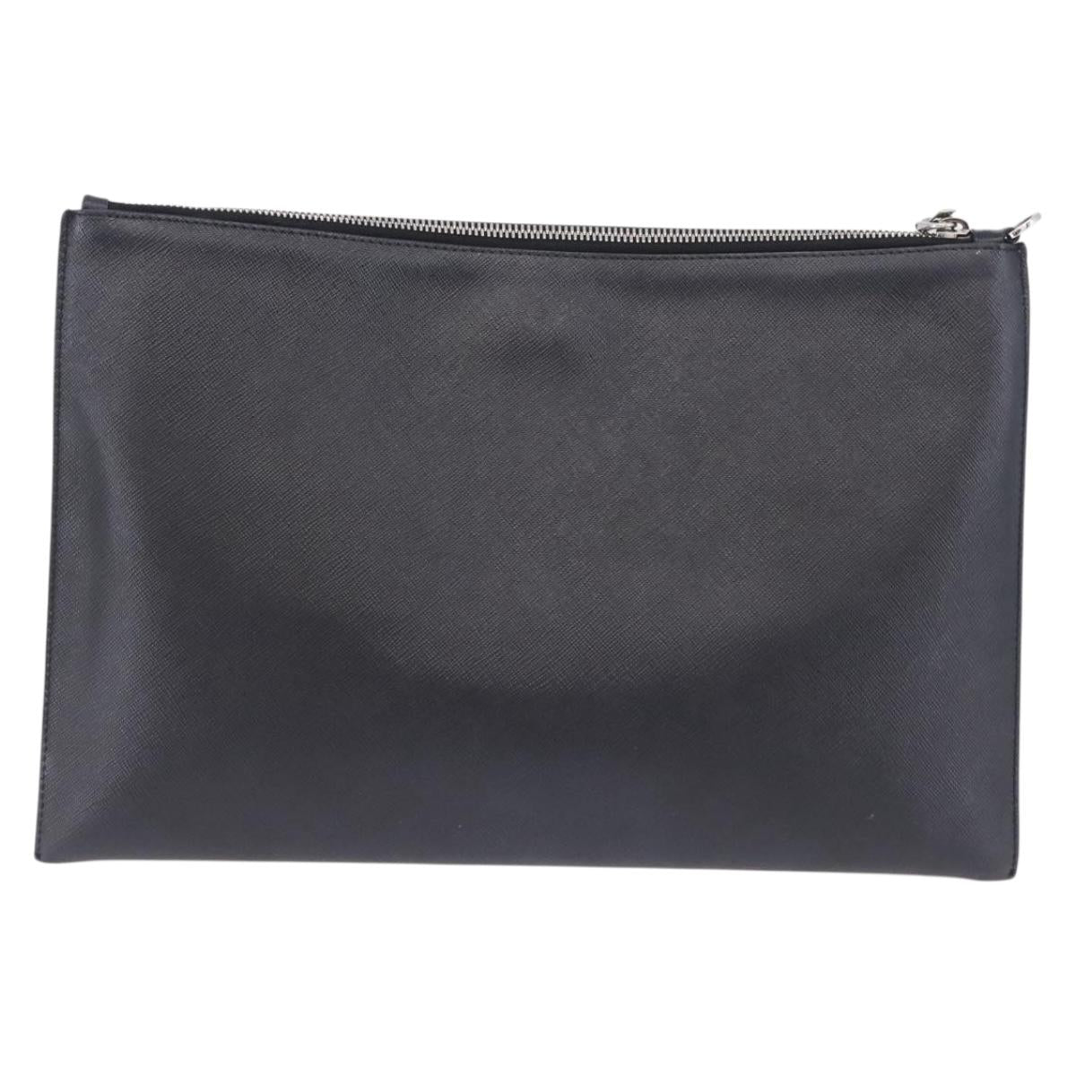 PRADA Clutch Bag Safiano Leather Black Silver Auth mr2853