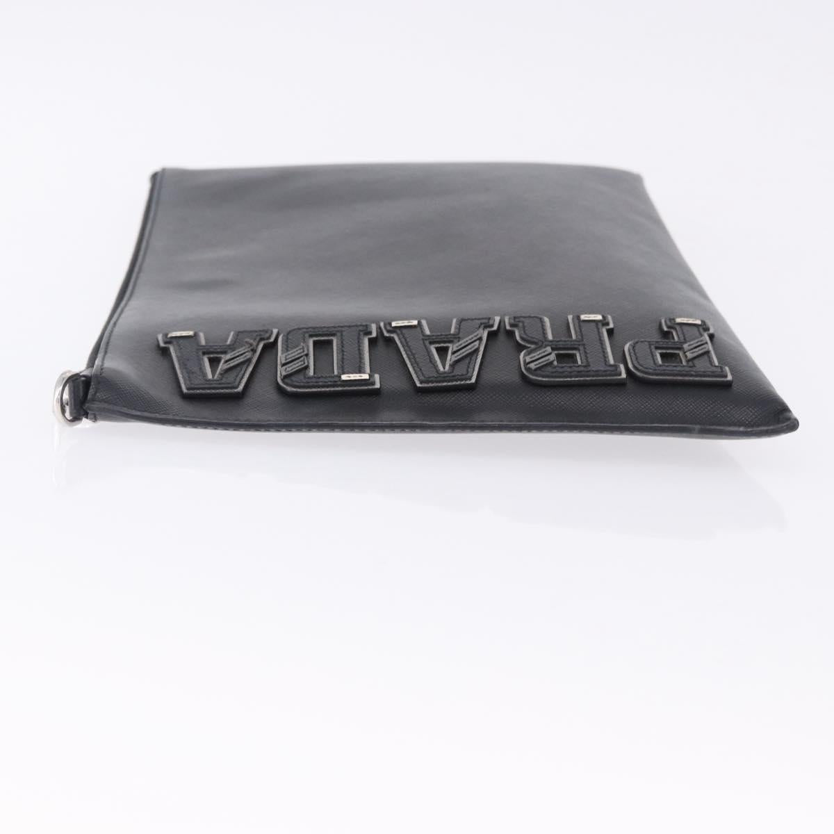 PRADA Clutch Bag Safiano Leather Black Silver Auth mr2853
