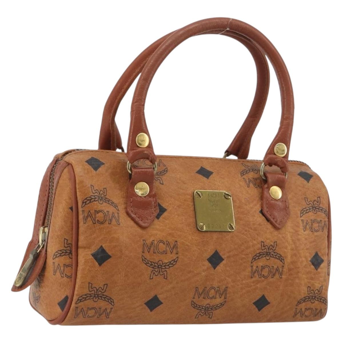 MCM Logogram Vicetos Mini Boston Bag PVC Leather Brown Gold Auth mr2858