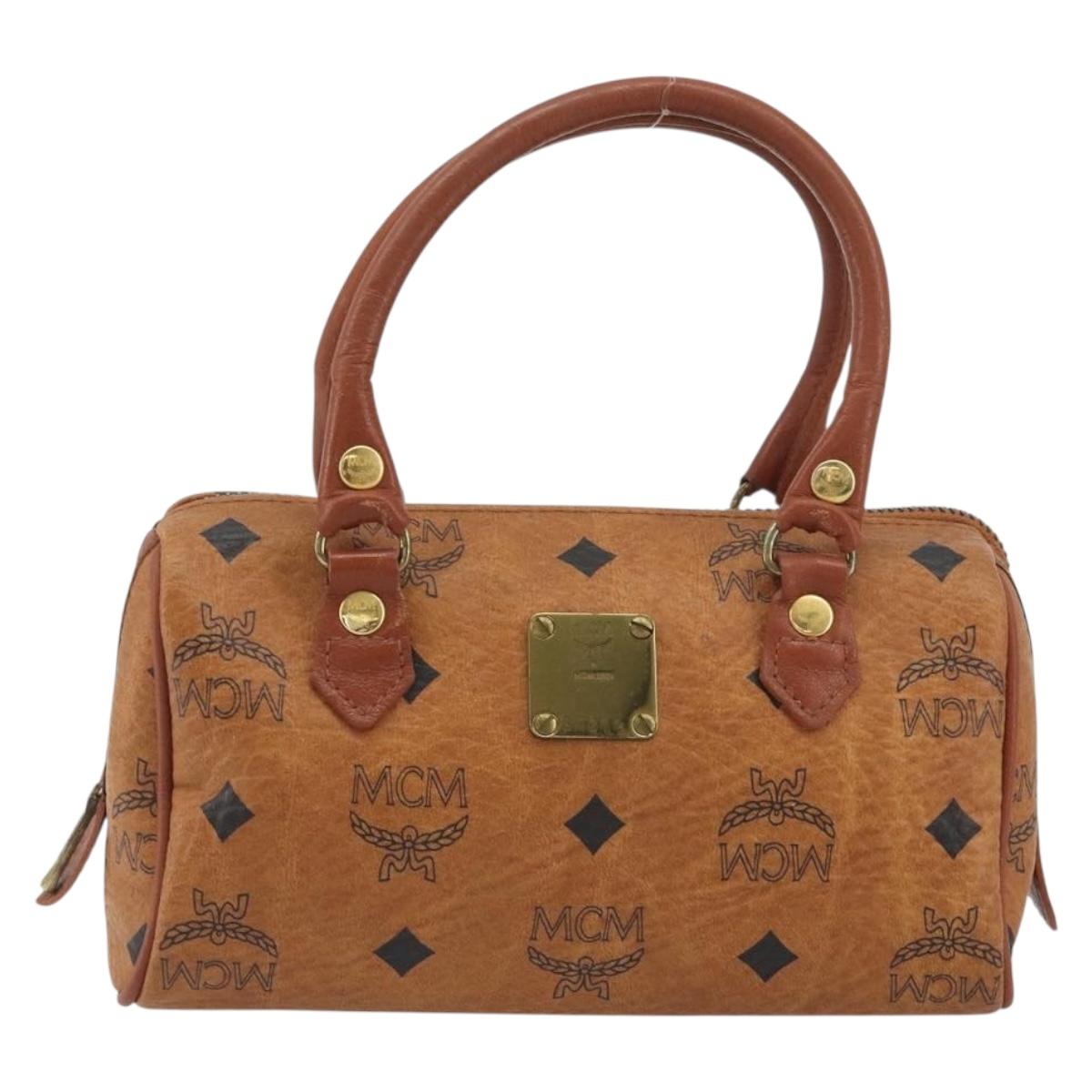 MCM Logogram Vicetos Mini Boston Bag PVC Leather Brown Gold Auth mr2858