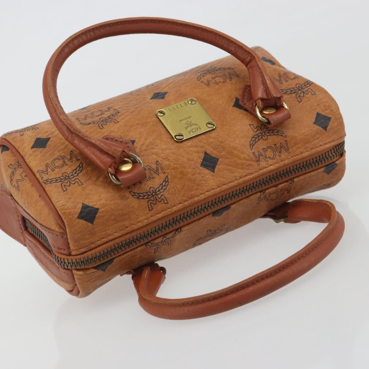 MCM Logogram Vicetos Mini Boston Bag PVC Leather Brown Gold Auth mr2858