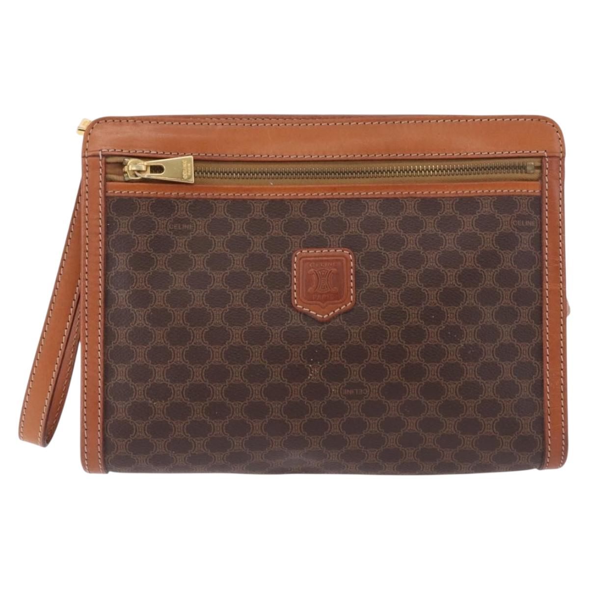 CELINE Macadam Canvas Clutch Bag PVC Leather Brown Gold Auth mr2859
